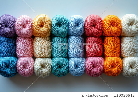 Lifestyle integration. Lighting. Colorful yarns for knitting on a white background. Top view. Lifestyle integration. Lighting. Colorful yarns for knitting on a white background. Top view. 129026612