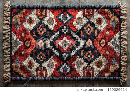 Handwoven rug texture with geometric print on a white background. Top view. Handwoven rug texture with geometric print on a white background. Top view. 129026614