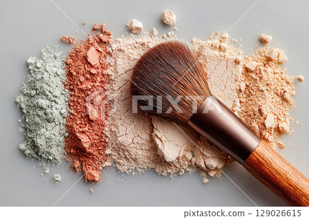 Perfect for professional makeup applications. Palette with loose powder. Flat lay of makeup brush placed next to a color palette on white background. 129026615