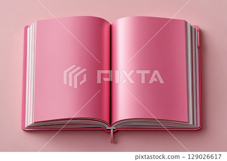 Brand identity. Pink blank pages. Top view of open Notebook journal with blank pages on a white background. Mockup. Copy space. Brand identity. Pink blank pages. Top view of open Notebook journal with blank pages on a white background. Mockup. Copy space. 129026617