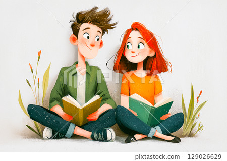 Cute kids reading books together 129026629