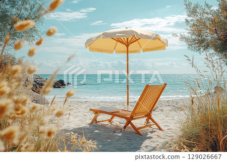 Tropical beach. Summer vacation. Umbrella and chairs set up on sand in beach of ocean. 129026667
