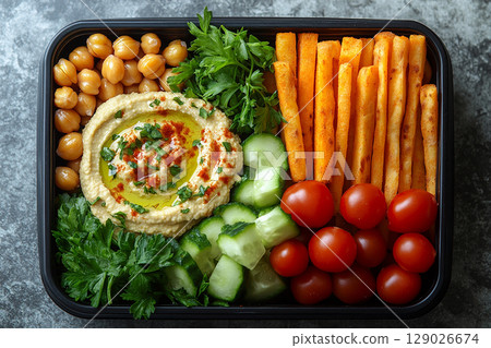 Plant based lunch box with hummus, roasted chickpeas, fresh veggie sticks and whole wheat pita bread on. Plant based lunch box with hummus, roasted chickpeas, fresh veggie sticks and whole wheat pita bread on. 129026674