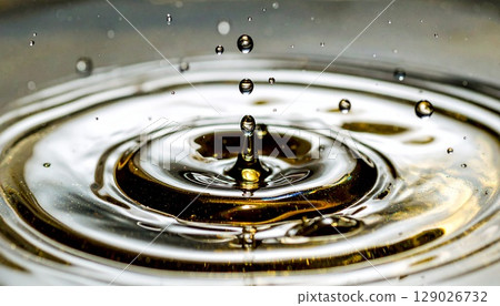 Image of golden beauty serum or lotion. Beautiful close-up background of the moment when a drop falls on the water surface and the ripples 129026732