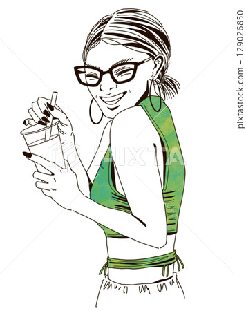 戴著眼鏡、微笑、手持飲料的年輕女子 — 素描風格插圖 129026850