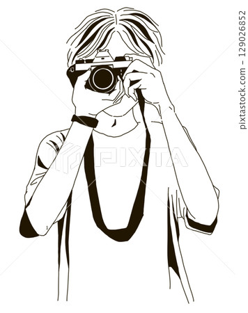 一個年輕人雙手拿著相機 — — 素描風格單色插圖 129026852