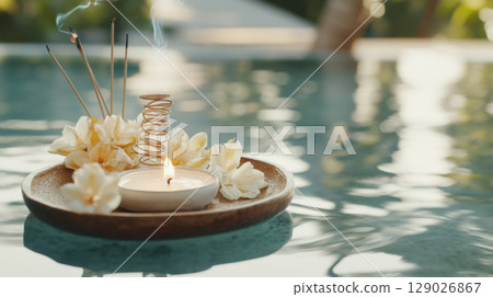 Loy Krathong festival with floating flowers and incense on water, background 129026867