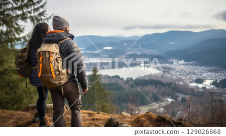 Couple tourists admire scenic mountain view surrounded by snow-covered trees 129026868