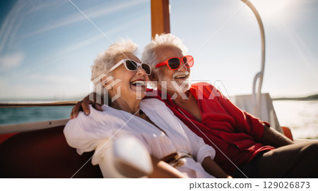 Elderly couple enjoying a summer boat ride during vacation under sunny skies 129026873