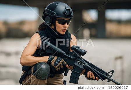 Portrait photography of a female airsoft player Portrait photography of a female airsoft player 129026917