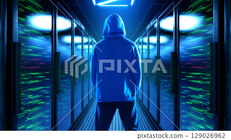 Hooded man standing in glowing blue 3D server corridor 129026962