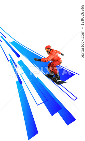 Surreal collage of smiling male snowboarder riding over sharp geometric blue slope 129026968