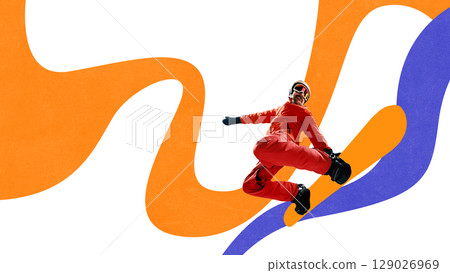 Bold digital collage of man in red snowboarding outfit jumping over orange and purple abstract path Bold digital collage of man in red snowboarding outfit jumping over orange and purple abstract path 129026969
