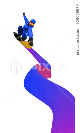 Creative digital artwork of snowboarder in blue outfit launching off edge on gradient ribbon trail Creative digital artwork of snowboarder in blue outfit launching off edge on gradient ribbon trail 129026970