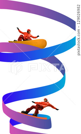 Bold collage made of one snowboarder model in red outfits riding around a spiraling ribbon 129026982