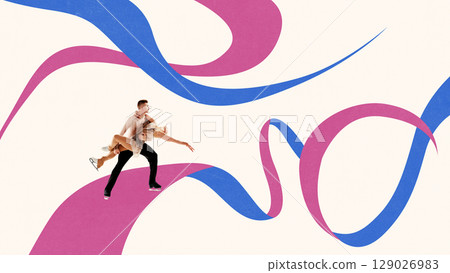 Colorful composition of ice dancers in emotional pose on abstract pink and blue curves 129026983