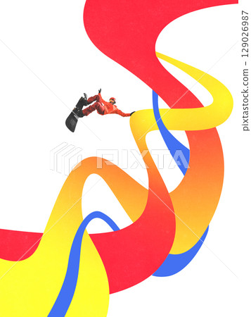 Creative collage of snowboarder flying above colorful curved ribbons on white background Creative collage of snowboarder flying above colorful curved ribbons on white background 129026987