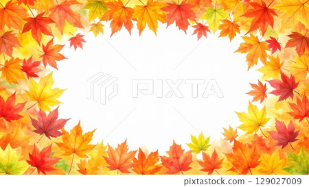 Stylish watercolor autumn leaves background material, 16:9 size, AI-generated material 129027009