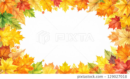 Stylish watercolor autumn leaves background material, 16:9 size, AI-generated material 129027018