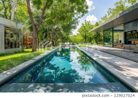 Luxury backyard with a long swimming pool surrounded by lush greenery and modern architecture. 129027024