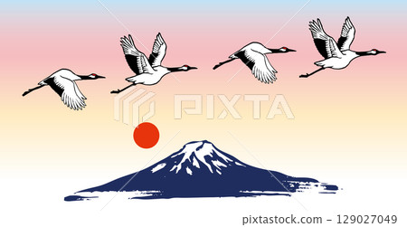 清晨的陽光、鶴和富士山 129027049