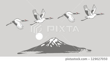 Morning sun, cranes and Mount Fuji 129027050