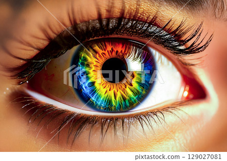 The iris of a female eye formed by the color spectrum. 129027081