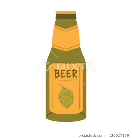 Green beer bottle with yellow label and hop cone illustration. Flat vector isolated illustration Green beer bottle with yellow label and hop cone illustration. Flat vector isolated illustration 129027199