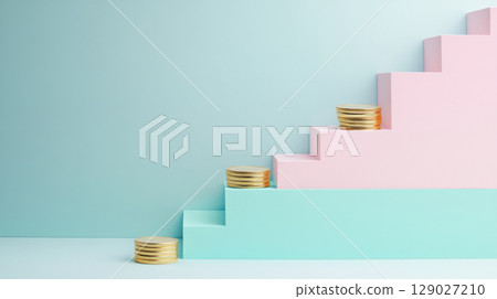 Golden bitcoins stacked on pastel pink background, concept of financial crisis Golden bitcoins stacked on pastel pink background, concept of financial crisis 129027210