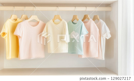 Light pastel clothes on rail, soft colors and minimal design background 129027217