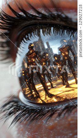 Human eye reflecting alien invasion scene, conceptual and surreal, sci-fi background 129027218