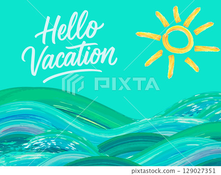 Colorful vector summer vector with bright sun and waves. Cheerful vacation-themed illustration with artistic brush strokes 129027351