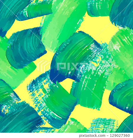 Seamless vector abstract pattern with expressive green and blue brushstrokes on a bright yellow background. Vibrant artistic design for fabric, print Seamless vector abstract pattern with expressive green and blue brushstrokes on a bright yellow background. Vibrant artistic design for fabric, print 129027360