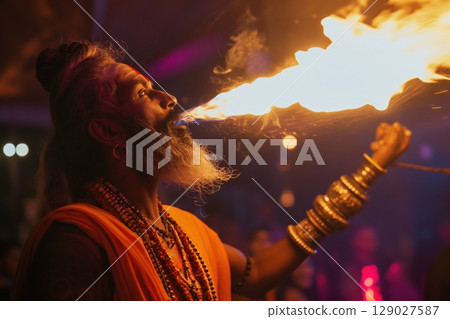 Fire breather blowing a large stream of fire from his mouth at a night performance 129027587