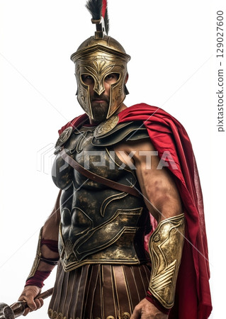 Strong ancient Greek warrior wearing golden armor and red cape holding a mace standing in attack position 129027600