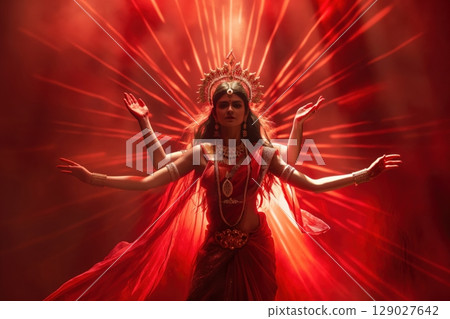 Beautiful woman with multiple arms is posing as the Hindu goddess Durga, wearing red and gold while standing in front of a red background Beautiful woman with multiple arms is posing as the Hindu goddess Durga, wearing red and gold while standing in front of a red background 129027642