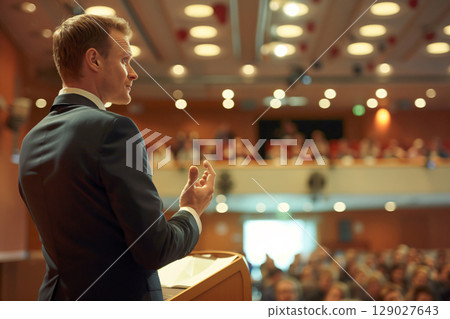 Businessman is standing on stage at a conference, delivering an inspiring speech to a large audience 129027643