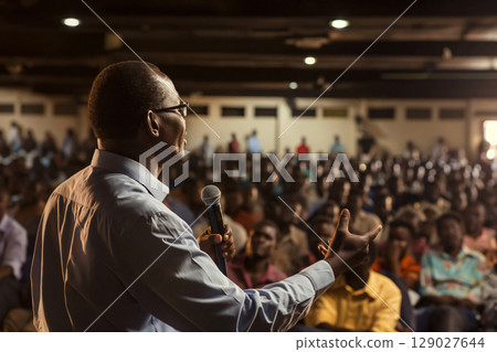 Speaker is giving an inspiring speech to a large audience during a conference 129027644