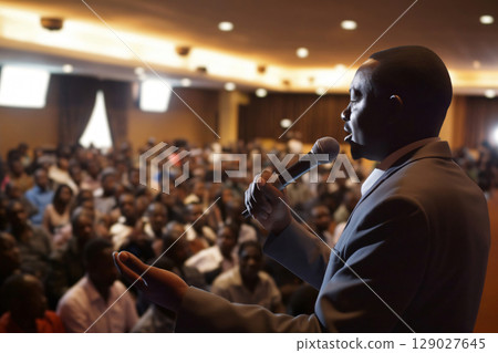 Motivational speaker is delivering an inspiring speech, captivating the attention of a large audience in a packed conference hall 129027645