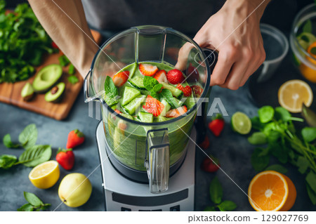 Chef is making a healthy green smoothie, adding fresh fruits and vegetables to a blender in a modern kitchen setting Chef is making a healthy green smoothie, adding fresh fruits and vegetables to a blender in a modern kitchen setting 129027769