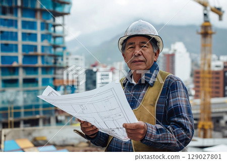 Experienced construction worker holding blueprints while supervising a building site 129027801