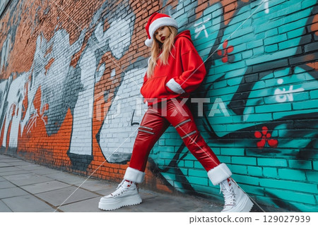 Young woman wearing a Santa hat and streetwear is posing in front of a graffiti wall 129027939