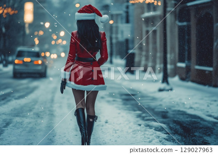 Young woman is wearing a red Santa Claus costume and walking away on a snowy street in the evening 129027963