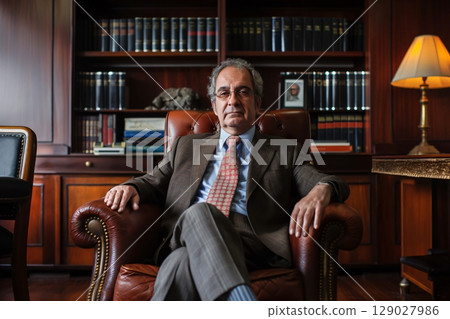 Senior lawyer sitting confidently in a leather chair in his office, surrounded by law books 129027986