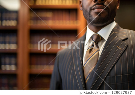 Lawyer is standing in their office library wearing a suit and tie with a bookshelf full of law books in the background 129027987