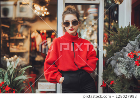Stylish woman is posing with her hand in her pocket in front of a Christmas shop window display Stylish woman is posing with her hand in her pocket in front of a Christmas shop window display 129027988