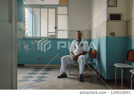 Male doctor wearing a stethoscope is sitting in a run down hospital waiting area 129028001