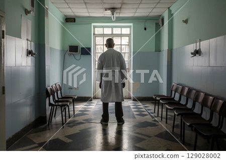 Doctor is standing alone in an empty hospital waiting room, facing a window at the end of a hallway 129028002