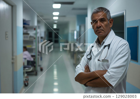 Serious experienced male doctor is standing in a hospital corridor with his arms crossed 129028003