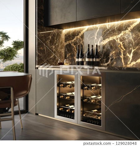 Stainless steel wine cooler chilling bottles of wine in a luxurious home bar with marble countertop and backsplash 129028048